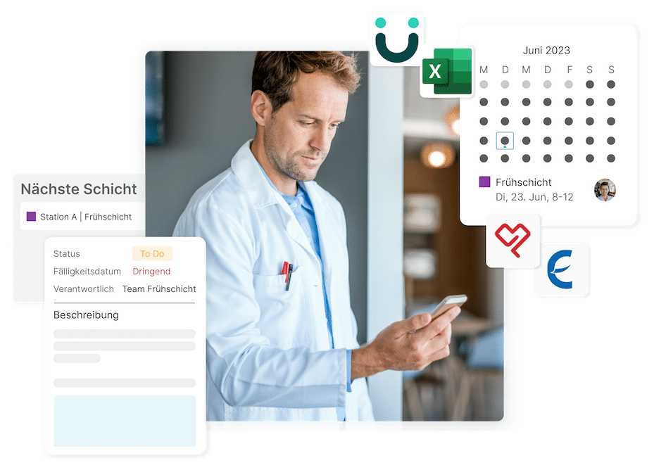 Gesundheitsbranche Produktivitätsapp, mobile Dienstplanung, Schichttausch, Aufgabenverwaltung